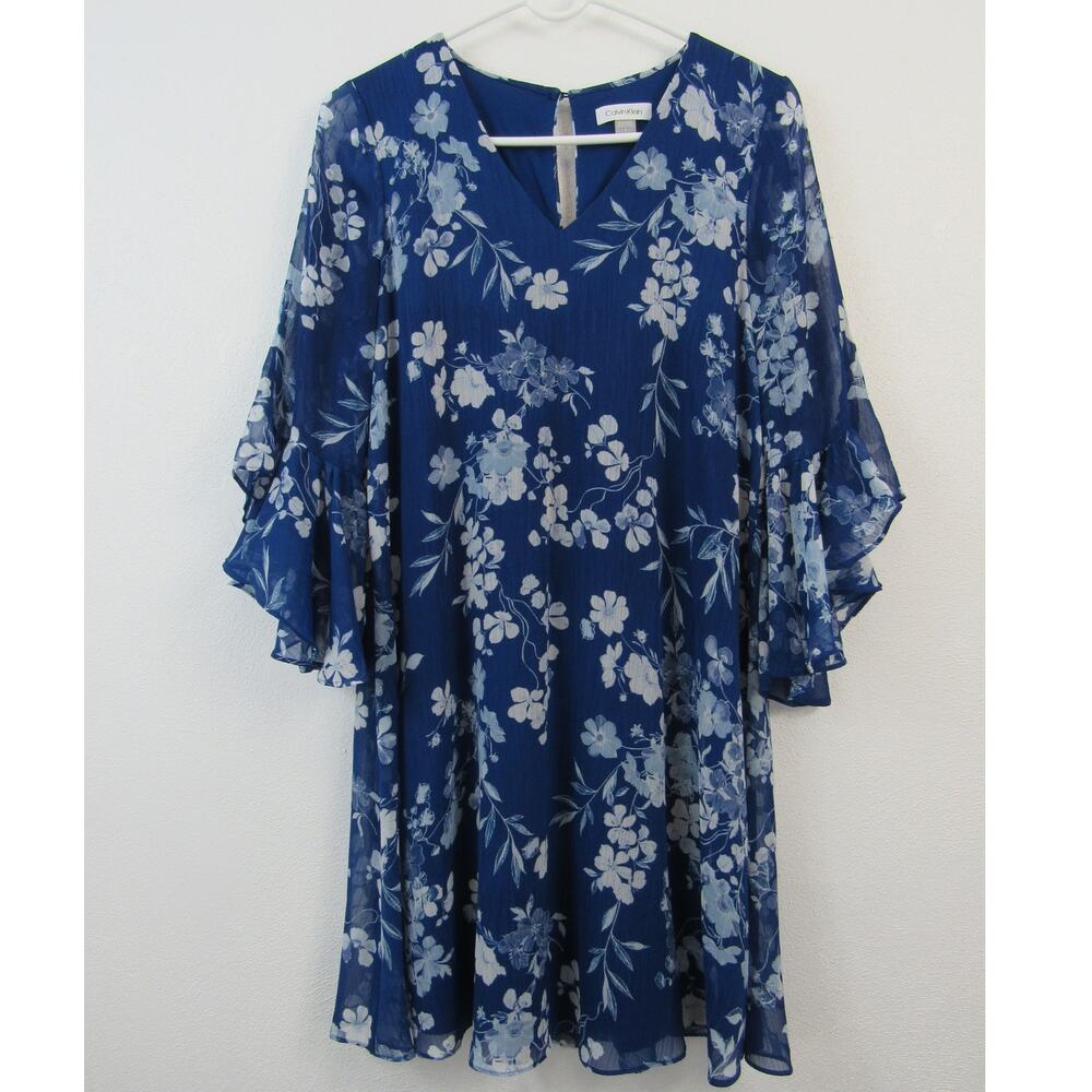 Calvin Klein Size 6 Midi Knee Length Floral Blue Dress White Flowers Bell Sleeve
